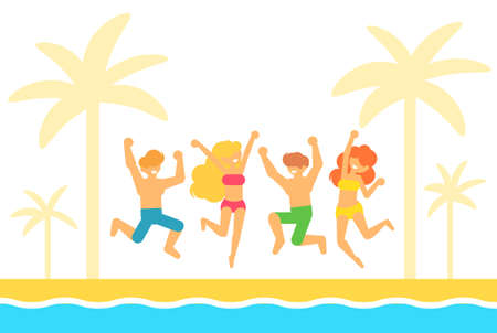 Happy smiling people are jumping on sea beach in summer. Travel, vacation, holidays and adventure concept illustration in flat style. Template for poster, card, web design.のイラスト素材