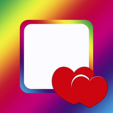 Rainbow frame with two red heartsの写真素材
