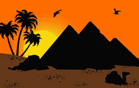 Illustration of Egyptian pyramids at sunset の写真素材