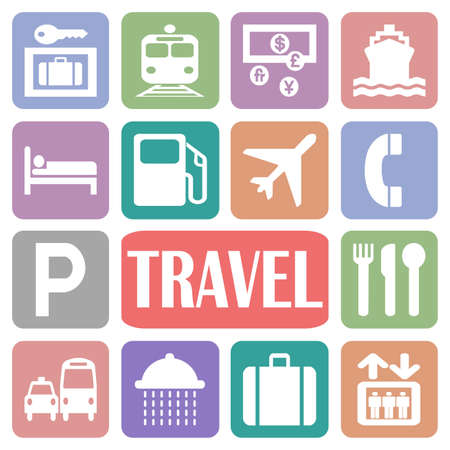 Wallpaper with travel icons in colorful rectanglesの写真素材
