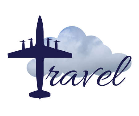 Travel text design illustration with airplane and cloudy sky decoration on white backgroundの写真素材