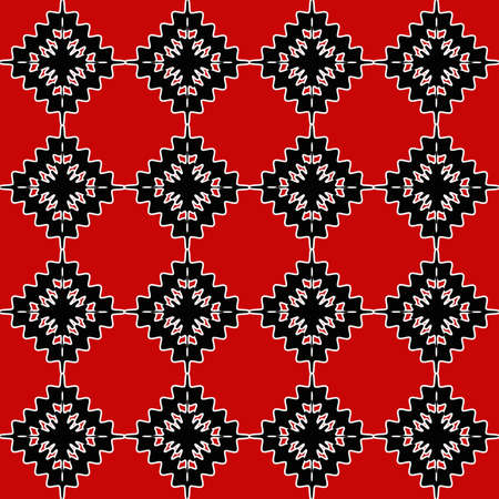 Seamless white and black native ethnic pattern decoration on red backgroundの写真素材