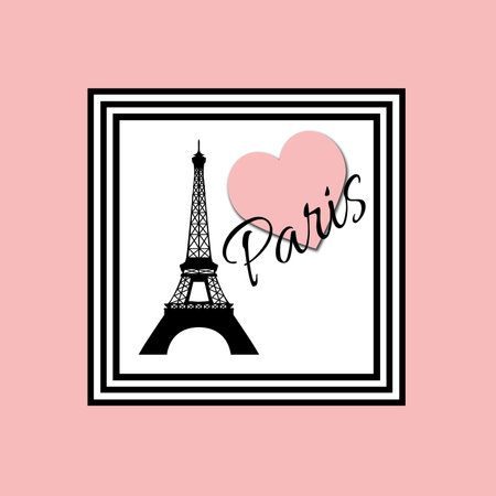 Paris text design illustration with Eiffel Tower and pink heart decoration in black and white frame...