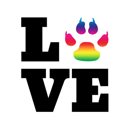 Love text design illustration with rainbow dog paw decoration on white backgroundの写真素材