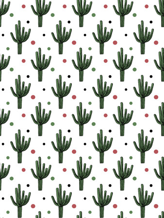 Seamless cactus pattern design illustration with colorful polka dots on white backgroundの写真素材