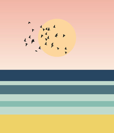 Abstract geometric illustration with sunset at the sea with a flock of birds decorationの写真素材
