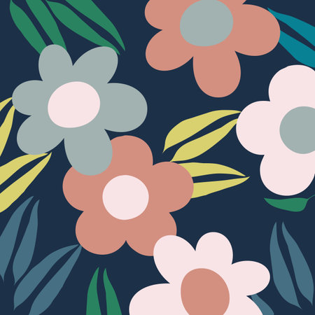 Abstract colorful blooming spring flowers and leaves decoration in pink, blue, green and yellow...