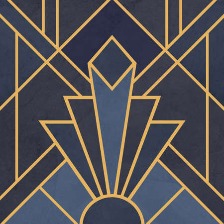 Abstract geometric design in Art Deco style on grunge navy blue background with golden lines decorationの写真素材