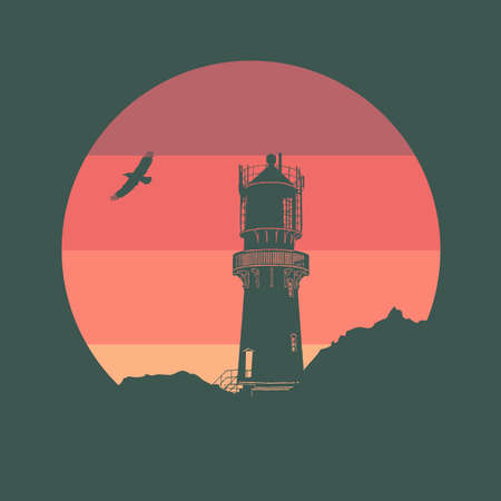 Geometrical illustration of lighthouse at sunrise with colorful sun decoration on dark backgroundの写真素材
