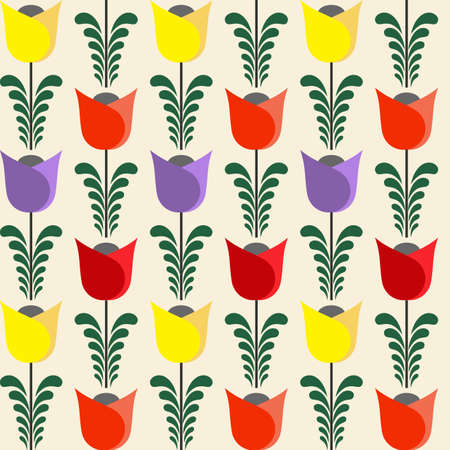 Seamless pattern with retro style tulips decoration in yellow, orange, red and purple colors on pastel backgroundの写真素材