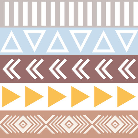 Colorful (grey, light blue, yellow, purple, pink, white) seamless Aztec pattern with geometric...