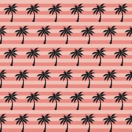Seamless pattern with black palm tree decoration on striped pink background for summer loversの写真素材