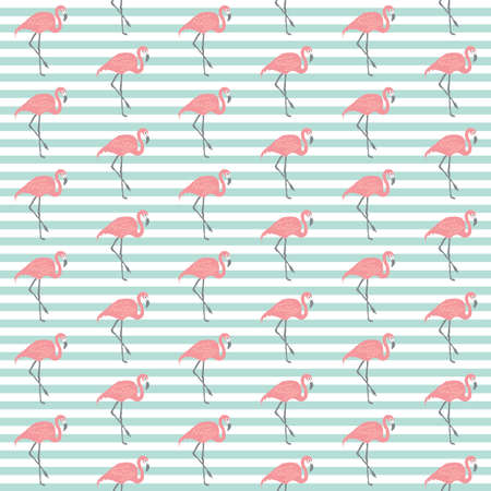 Pink flamingo pattern illustration on light blue and white striped backgroundの写真素材