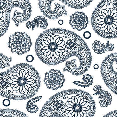 Seamless pattern with navy blue floral traditional Indian paisley decoration on white backgroundの写真素材