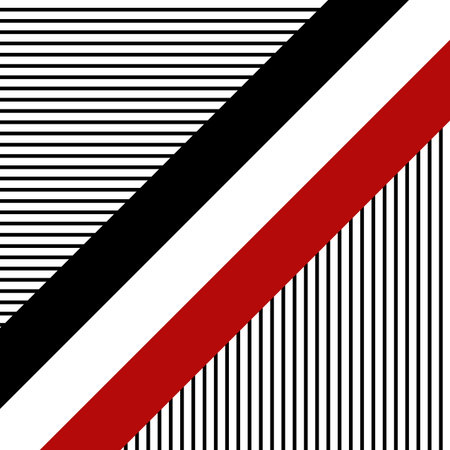 Illustration with diagonal stripes in red, black and white colors on black and vertical and...