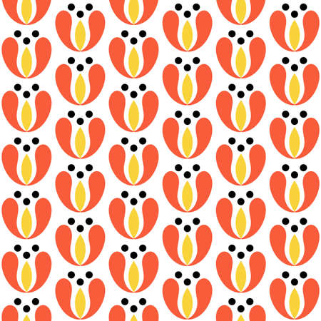 Nordic style seamless pattern with orange and yellow tulip decoration on white backgroundの写真素材