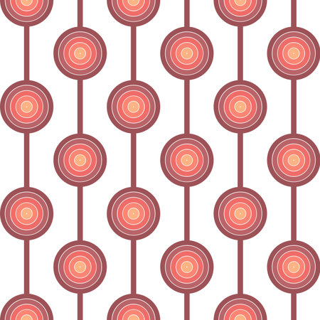 Seamless pattern of colorful (pink, purple, orange) retro circles and sticks decoration on white backgroundの写真素材