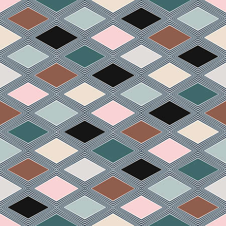 Seamless Nordic style geometrical pattern with rhombus shapes in turquoise, black, navy blue, pastel pink, brown, grey and white colorsの写真素材