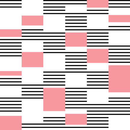 Simple geometrical themed design with pink and white rectangles and black and white stripes