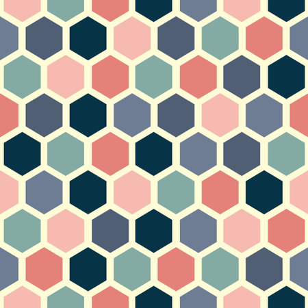 Seamless colorful honeycomb pattern with bright (pink, pastel pink, navy blue, blue, turquoise)...