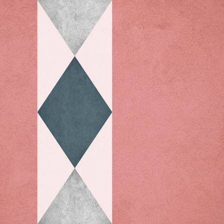 Nordic style geometrical pattern with rhombus shapes in navy blue and grey colors on pink grunge...