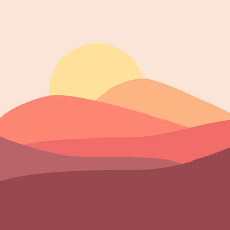 Abstract sunrise illustration with yellow sun and colorful mountains decoration on pastel pink backgroundの写真素材