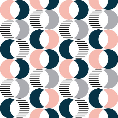 Seamless geometrical colorful circles pattern in mid century style in navy blue, grey, pastel pink,...