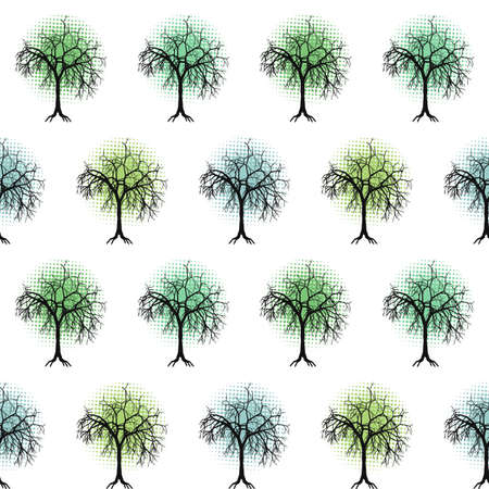 Abstract seamless pattern with black tree and green halftone decoration on white background for nature loversの写真素材