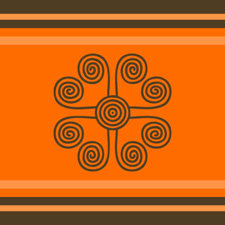 Native ethnic illustration with African tribal swirl decoration and brown and orange striped backgroundの写真素材