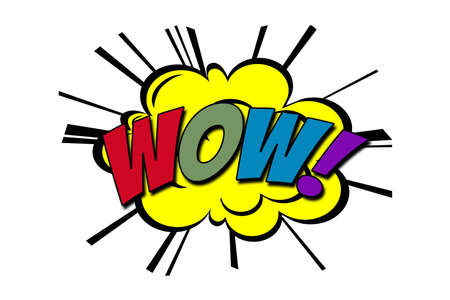 WOW word pop art retro illustration with colorful letters and yellow cloud decoration on white backgroundの写真素材
