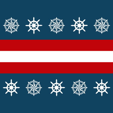Nautical themed design with compass and sailing wheel decoration with red and white stripes on navy...