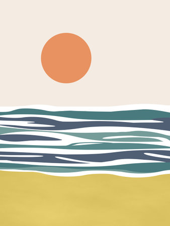 Abstract colorful seascape illustration with blue sea waves, sandy beach and sun decorationの写真素材