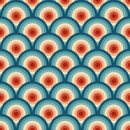 Abstract illustration of Japanese seamless colorful (red, orange, beige, blue, turquoise, navy blue) Seigaiha waves pattern in retro styleの写真素材