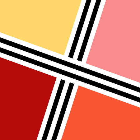 Abstract illustration with geometric shapes in pink, orange, yellow and red colors with black and white diagonal stripes decorationの写真素材