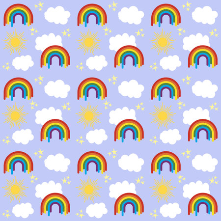 Seamless colorful illustration with rainbow, sun, clouds and stars decoration on dreamy blue sky for...