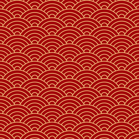 Abstract illustration of Japanese seamless Seigaiha waves pattern in red and goldの写真素材