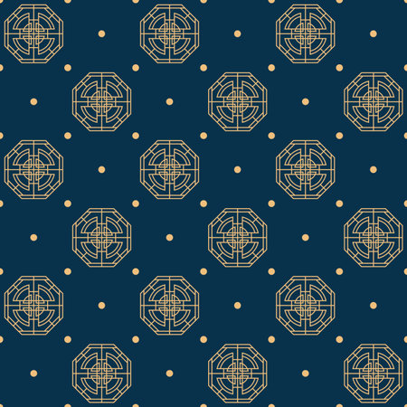 Seamless elegant pattern with Chine symbol and dots decoration in rhombus shapes in golden color on dark blue backgroundの写真素材