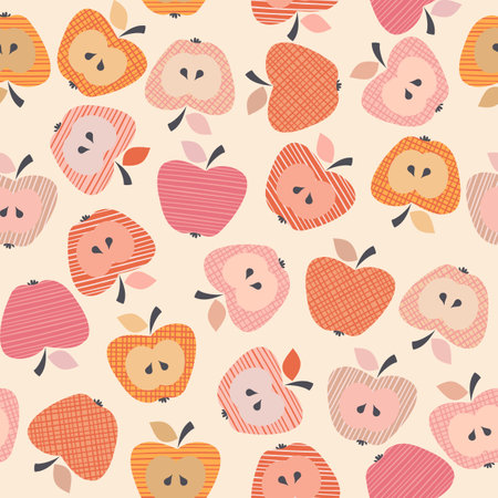 Abstract seamless retro style pattern with pink and orange checkered and striped apple decoration on pastel pink backgroundの写真素材