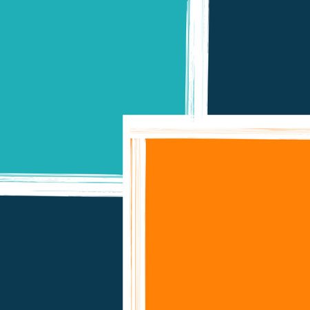 Abstract modern art with colorful (blue, orange, navy blue) squares and white grunge lines on white backgroundの写真素材