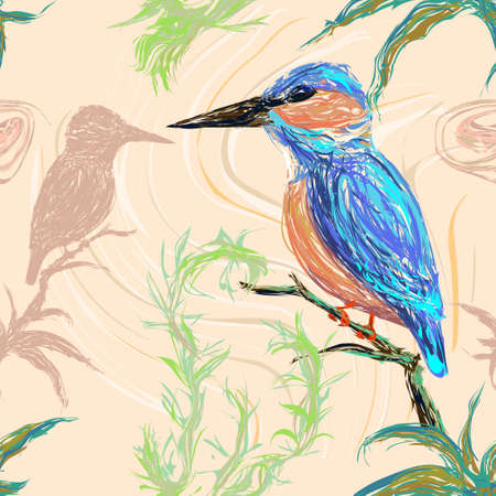 Pattern of a kingfisher bird sitting on a branch on a pastel background with its reflectionのイラスト素材