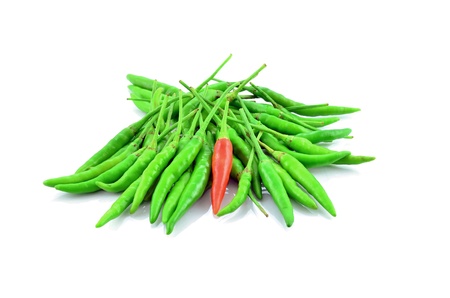 Red and green chili peppers isolated on the whiteの写真素材