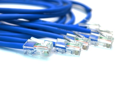 blue computer ethernet cable isolated on white backgroundの写真素材