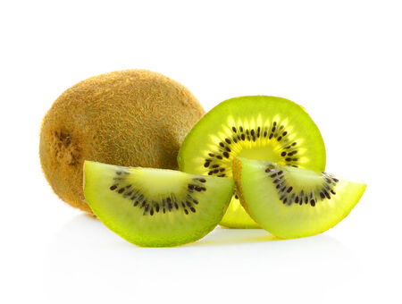 Whole kiwi fruit and his sliced segments isolated on white background cutoutの写真素材