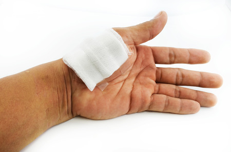 injured hand with bandage,の写真素材