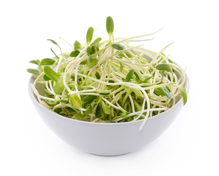 green young sunflower sprouts in the bowl isolated on white backgroundの写真素材