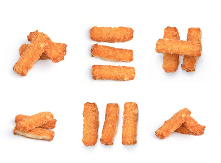 Battered fish fillet isolated over white background.の写真素材