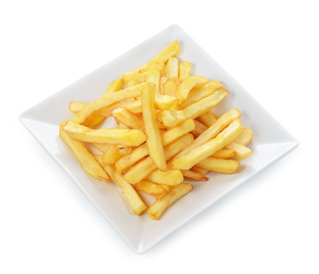 Potatoes fries in the plate isolated on whiteの写真素材