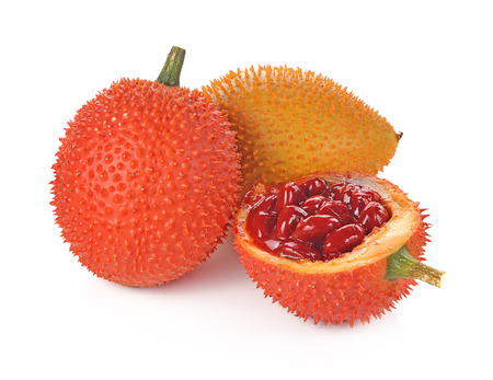 Gac fruit, Baby Jackfruit, Spiny Bitter Gourd, Sweet Grourd or Cochinchin Gourd on white backgroundの写真素材