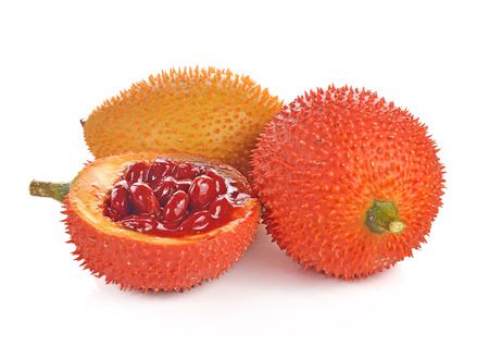 Gac fruit, Baby Jackfruit, Spiny Bitter Gourd, Sweet Grourd or Cochinchin Gourd on white backgroundの写真素材