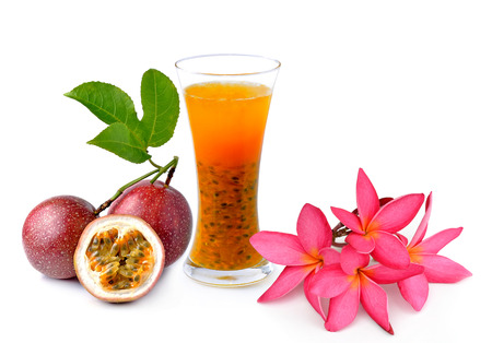 Passion fruit juice isolated on white backgroundの写真素材